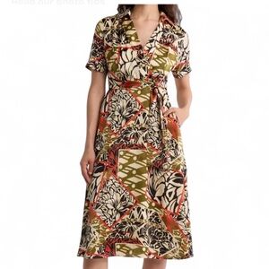 TAHARI ASL Multicolor Tropical Patterned Midi Dress 14,V Neck Pleate Back W/Pock